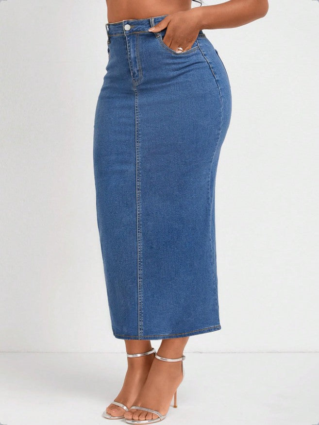 Damen Taillenhoher Stretch-Denim-Midirock mit sichtbarer Mittelnaht und Five-Pocket-Design Shop Nory