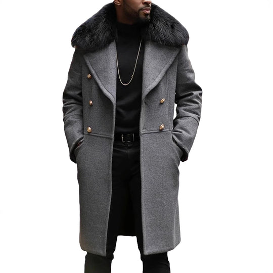 Herren Doppelreihiger Wollübermantel mit voluminösem Schafsfellkragen und goldenen Zierknöpfen Shop Nory
