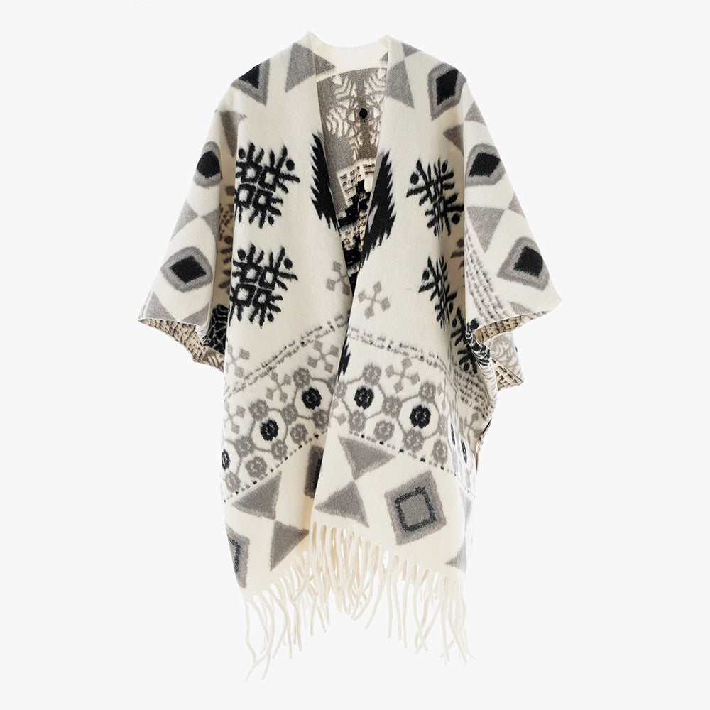 Damen Jacquard Überwurfcape aus feinem Strick mit Paisley-Bordüre Shop Nory