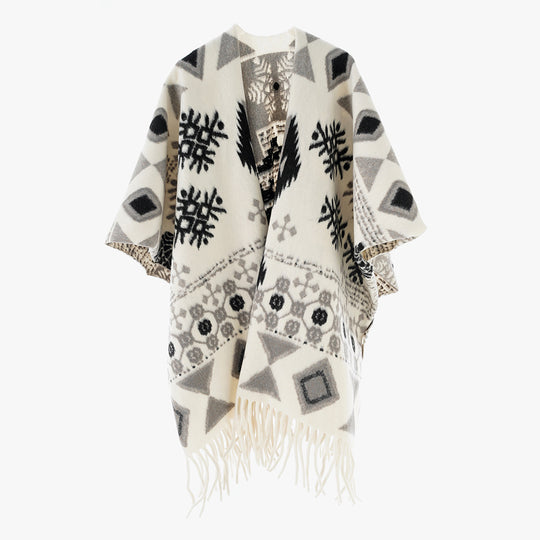 Damen Jacquard Überwurfcape aus feinem Strick mit Paisley-Bordüre Shop Nory