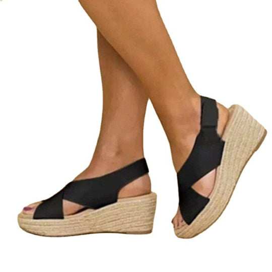 Damen Wedge-Sandalen mit Cross-Over-Riemen und juteumrandeter Sohle