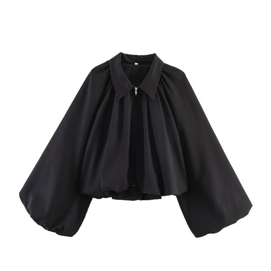 Damen Kurzcape mit Volumenärmeln, Reißverschluss und gerafftem Saum Shop Nory