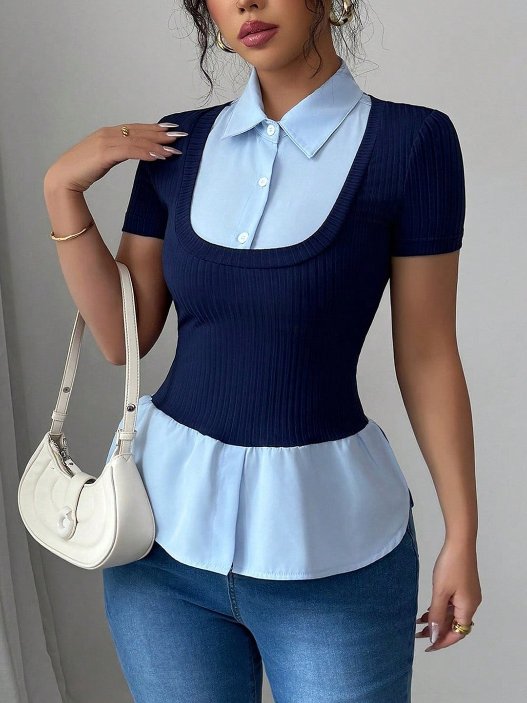 Damen Kurzärmeliges Layering-Top mit Fake-Hemdkragen und Rippstrickkörper Shop Nory