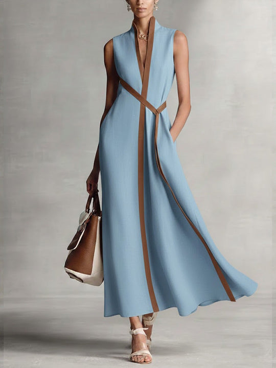 Damen elegantes Maxikleid mit Taillenschnitt und schmalem Gürtel Shopnory