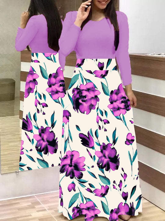 Damen Zweiteilig wirkendes Maxikleid mit figurbetontem Jersey-Oberteil und weitem Blumenrock Shop Nory