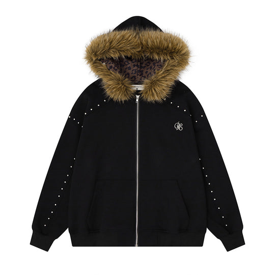 Damen Kapuzen-Sweatjacke mit Kunstfellbesatz, Leo-Innenfutter und Zier-Nieten Shop Nory