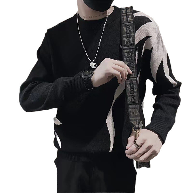 Herren Strickpullover mit abstraktem Flammen‑Jacquard und Rundhalsausschnitt Shop Nory