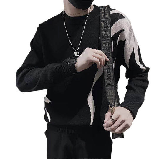 Herren Strickpullover mit abstraktem Flammen‑Jacquard und Rundhalsausschnitt Shop Nory