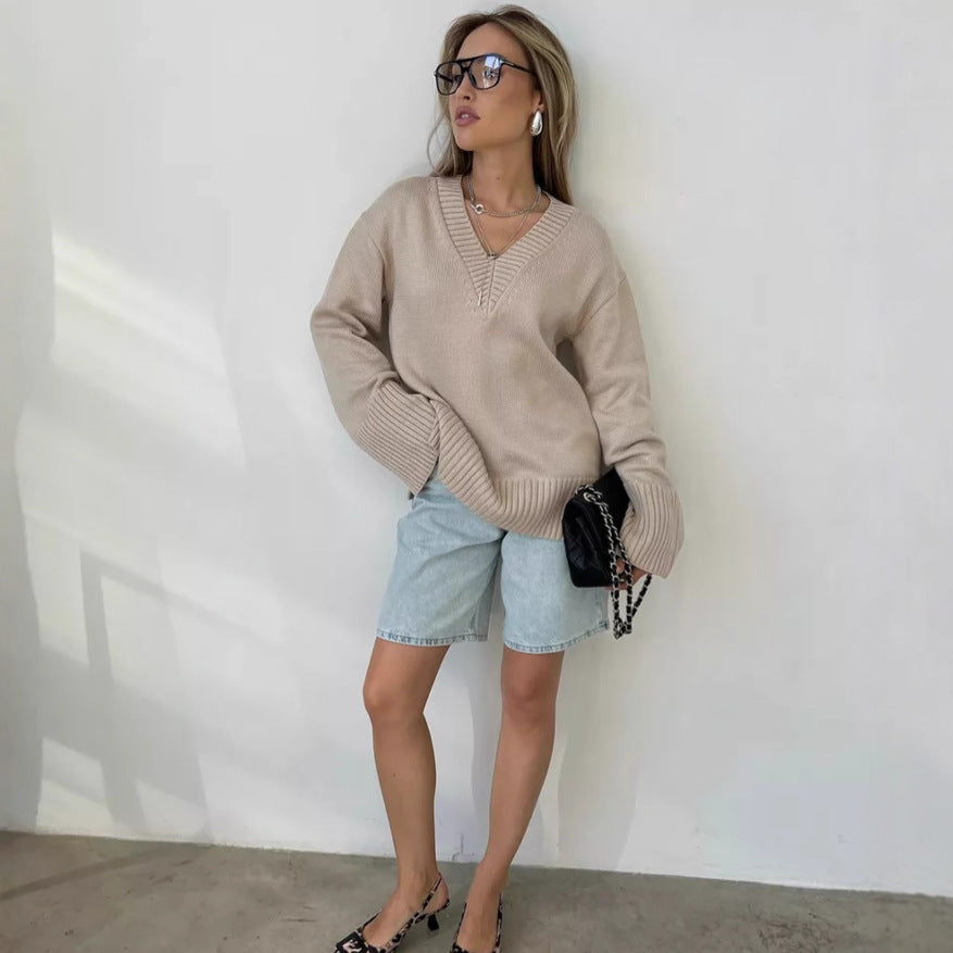 Damen eleganter V-Ausschnitt Pullover aus weicher Baumwolle Shopnory