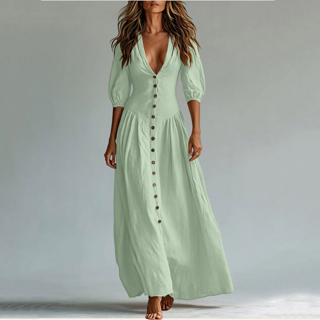 Damen Maxikleid mit tiefem V-Ausschnitt, durchgehender Knopfleiste und Ballonärmeln Shop Nory