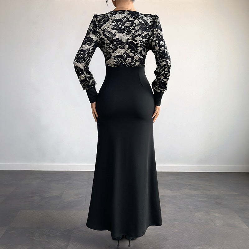 Damen Figurbetontes Maxikleid mit Spitzenoberteil, V‑Ausschnitt und Zierknopfleiste Shop Nory