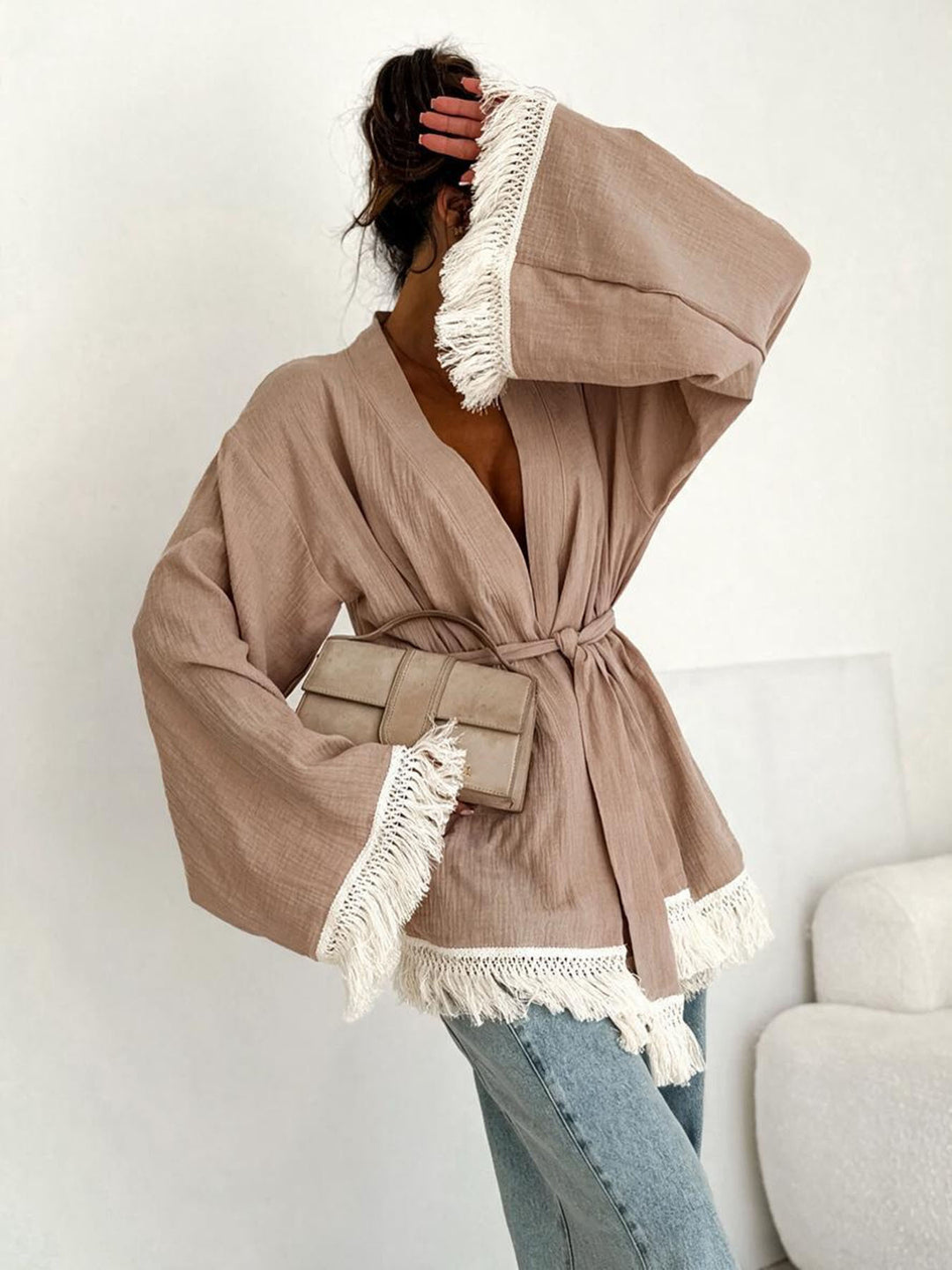 Damen Fransen-Kimono-Jacke aus Leinenoptik mit Taillengürtel Shop Nory