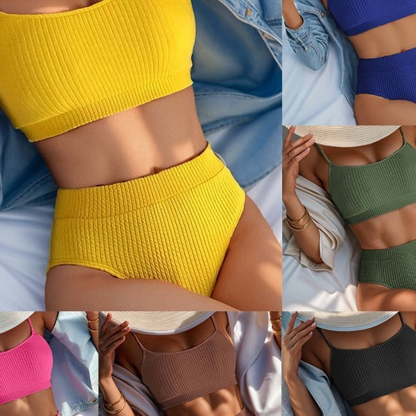 Damen Hochtaillierter Bikini mit floralem Akzent und sportlichem Oberteil Shopnory