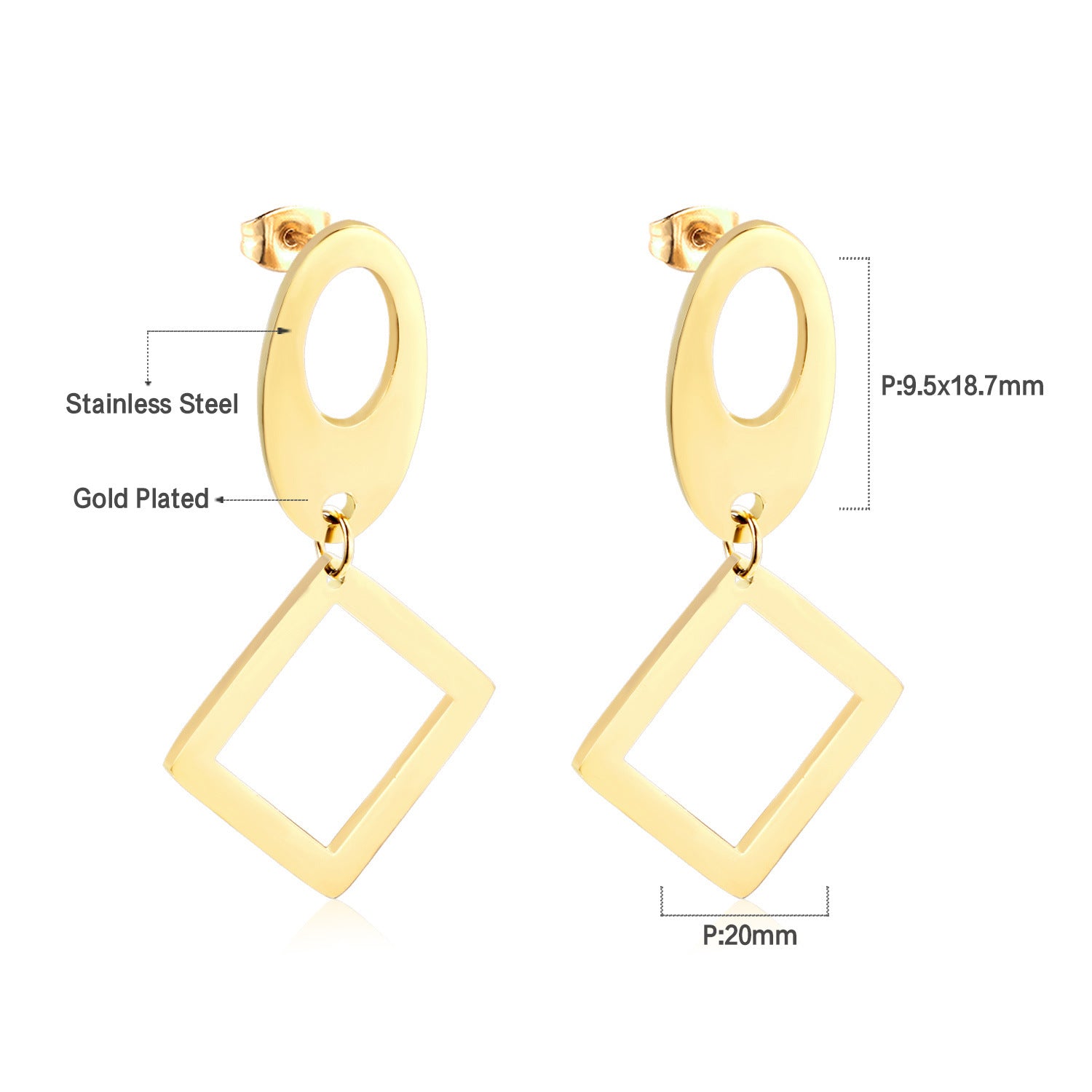 Damen Ohrringe mit elegantem, doppellagigem Rechteckdesign aus Edelstahl und goldplattierter Oberfläche Shop Nory