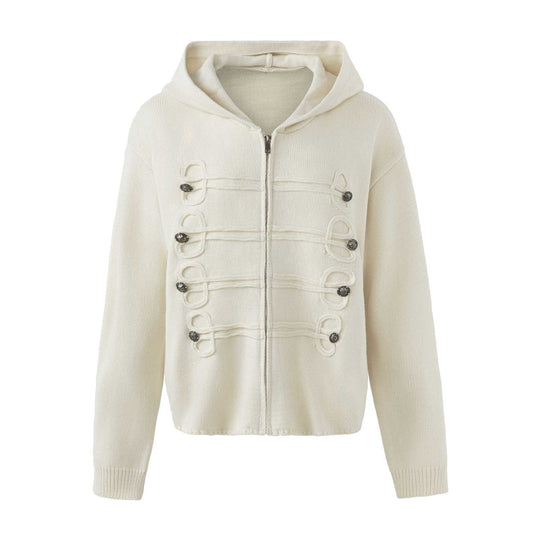 Damen Kapuzen-Strickjacke mit militärischen Zierknöpfen und Reißverschluss Shop Nory