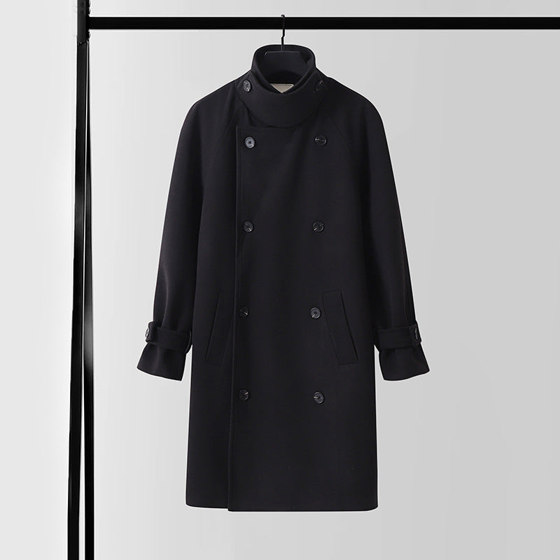 Herren Dramatisch geschnittener Doppelreihiger Wollmix-Longcoat mit Kragenlaschen und Bindegürtel Shop Nory