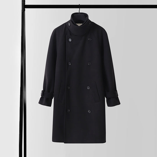 Herren Dramatisch geschnittener Doppelreihiger Wollmix-Longcoat mit Kragenlaschen und Bindegürtel Shop Nory