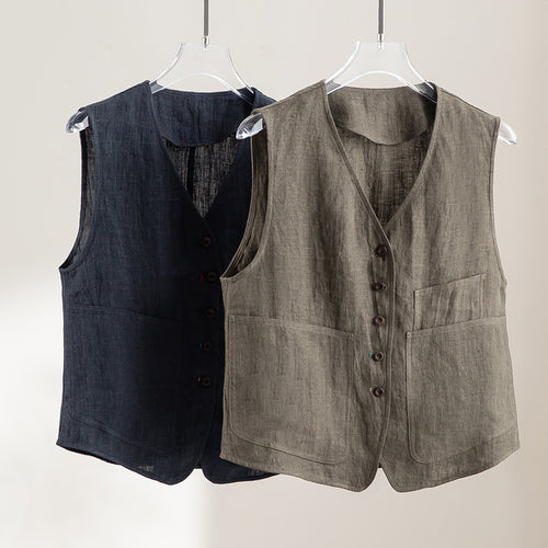 Damen Leinenweste mit V‑Ausschnitt, aufgesetzten Taschen und entspannter Passform Shop Nory