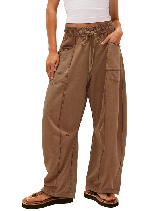 Damen weite Cargo-Loungehose mit elastischem Bund und Kontrastnähten Shop Nory