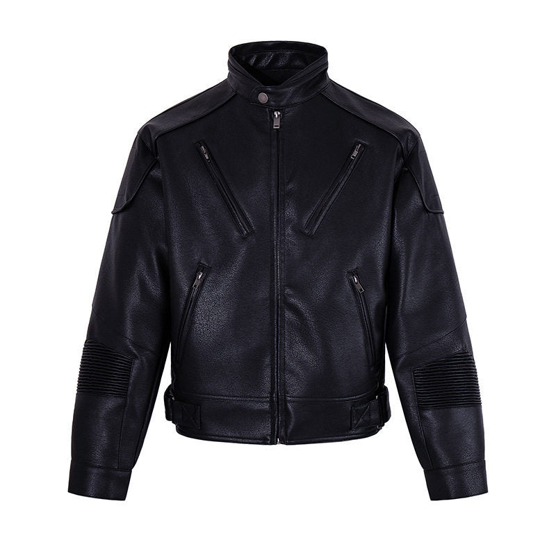 Herren Bikerjacke aus Lederimitat mit Stehkragen Reißverschlusstaschen und gesteppter Ellenbogenpartie Shop Nory