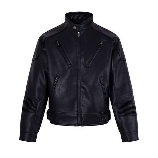 Herren Bikerjacke aus Lederimitat mit Stehkragen Reißverschlusstaschen und gesteppter Ellenbogenpartie Shop Nory
