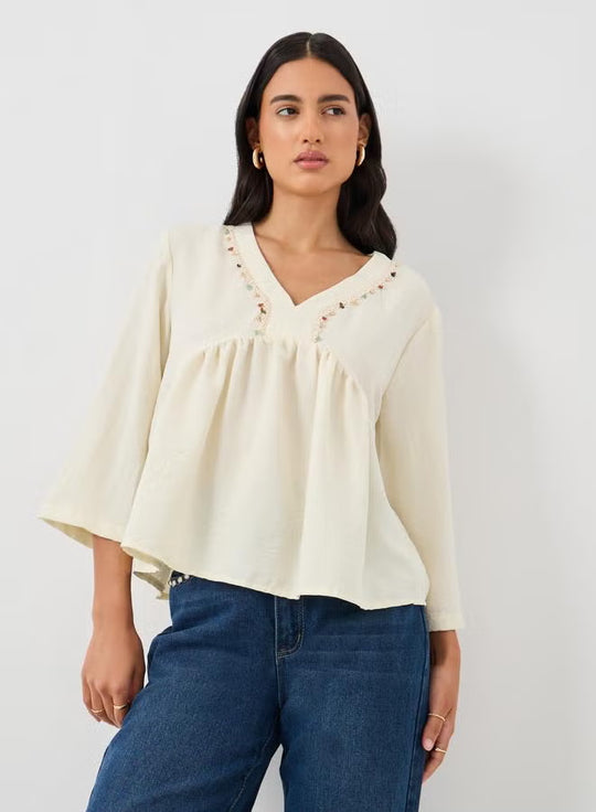 Damen Lockeres V‑Ausschnitt Blusentop mit Stickdetail und Empire‑Raffung Shop Nory