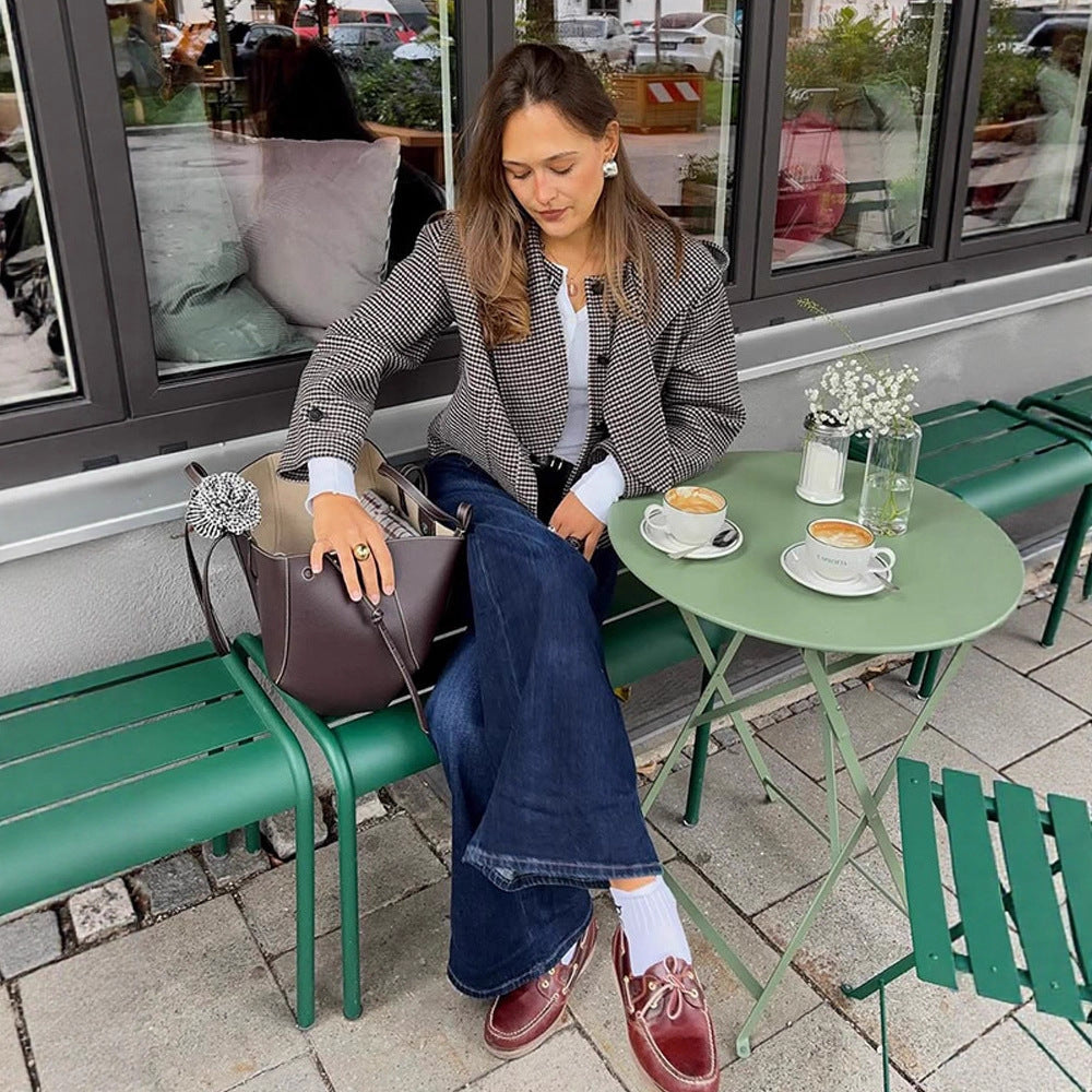 Damen Kurzjacke im Hahnentrittmuster mit Schleifenkragen Shop Nory