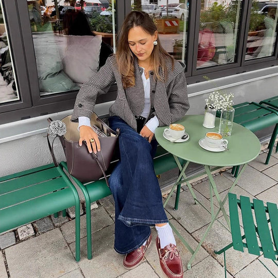 Damen Kurzjacke im Hahnentrittmuster mit Schleifenkragen Shop Nory