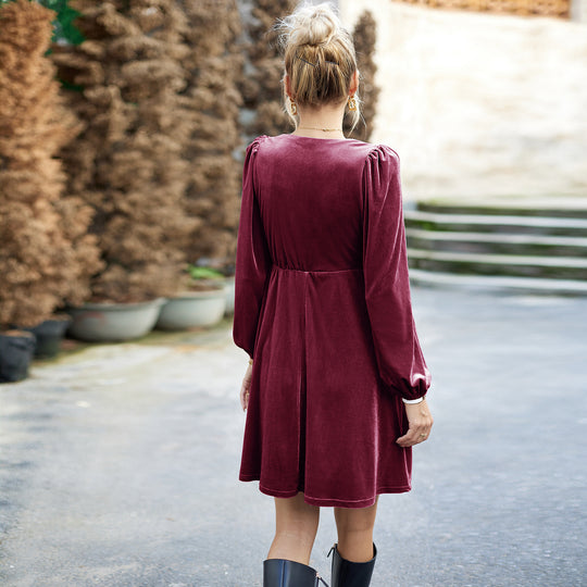 Damen nan Samt-Kurzkleid mit quadratischem Ausschnitt, Empire-Taille und Ballonärmeln Shop Nory