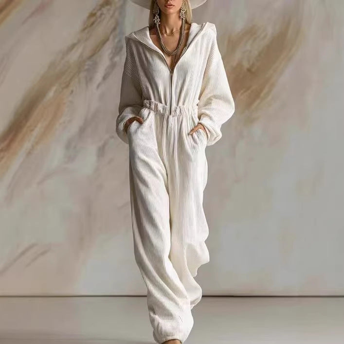 Damen Plissierter Kapuzen-Jumpsuit mit Reißverschluss und elastischer Taille Shop Nory