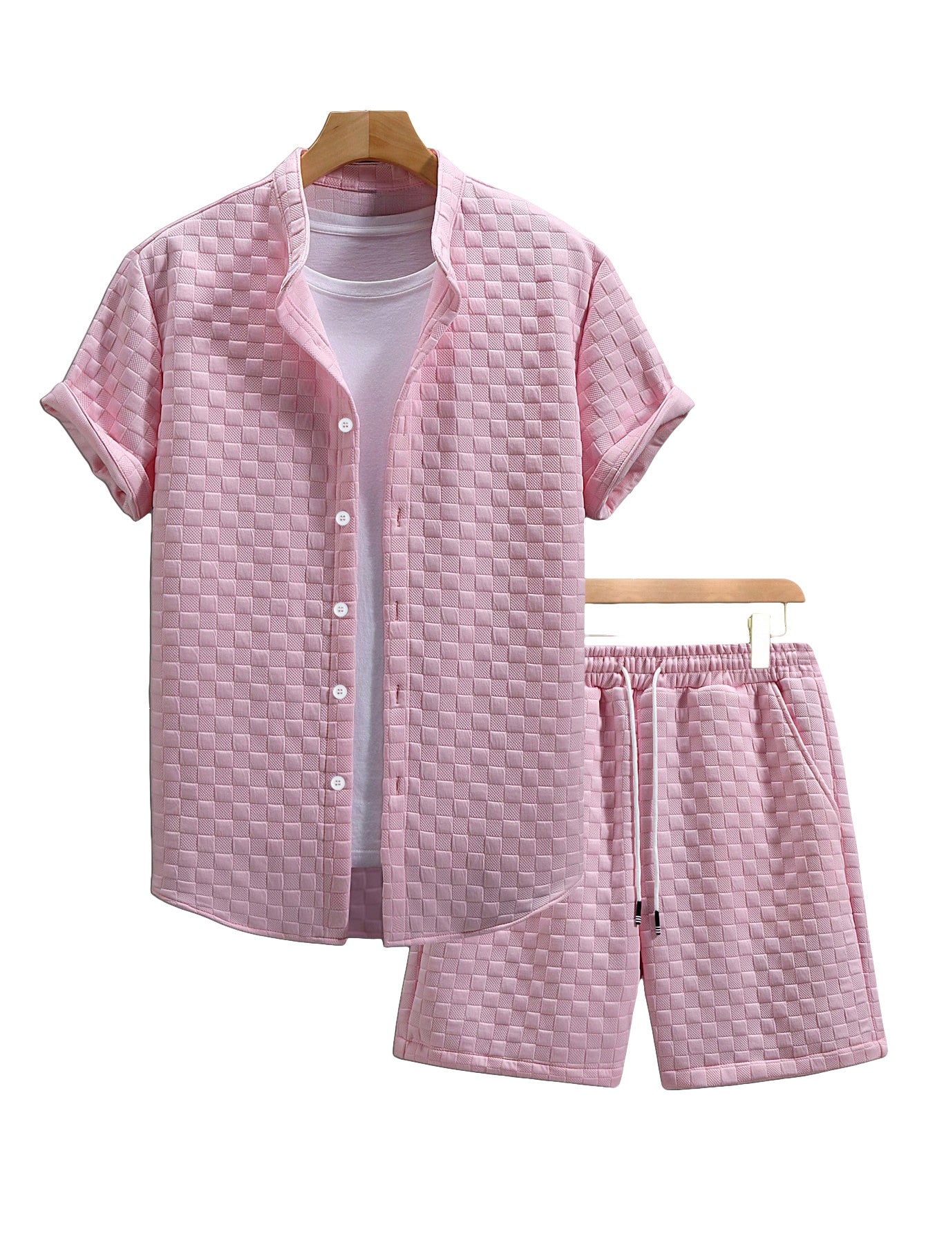 Herren nan zweiteiliges Sommerensemble mit Stehkragen-Hemdjacke und elastischen Komfort-Shorts in geprägter Karo-Textur