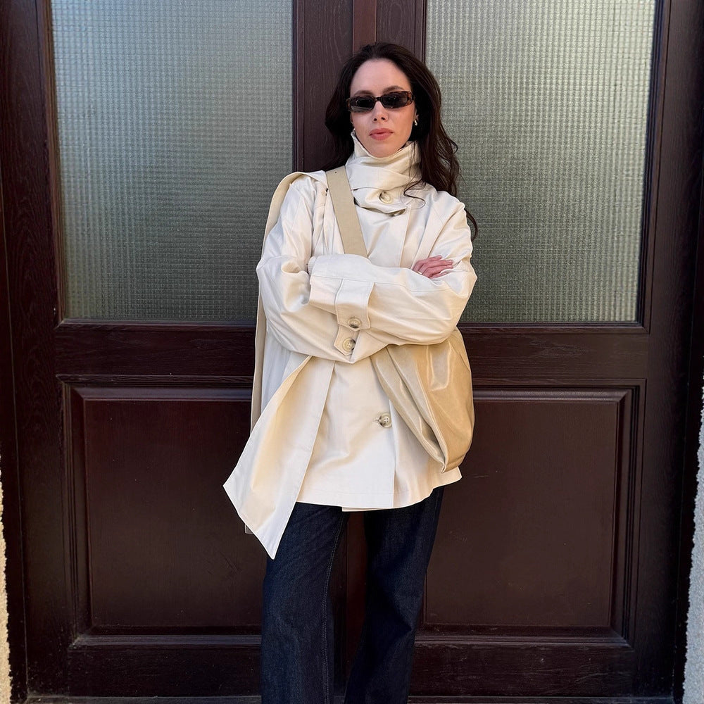 Damen Kurzer Oversize-Trench mit hohem Stehkragen, verdeckter Knopfleiste & weiten Manschetten Shop Nory