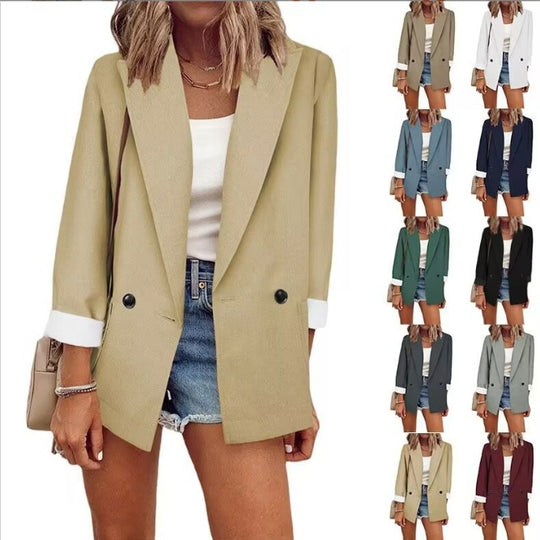 Damen Oversize Longline-Blazer mit 3/4-Ärmeln, Kontrastumschlag und aufgesetzten Taschen Shop Nory