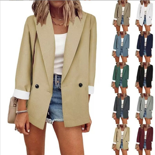 Damen Oversize Longline-Blazer mit 3/4-Ärmeln, Kontrastumschlag und aufgesetzten Taschen Shop Nory