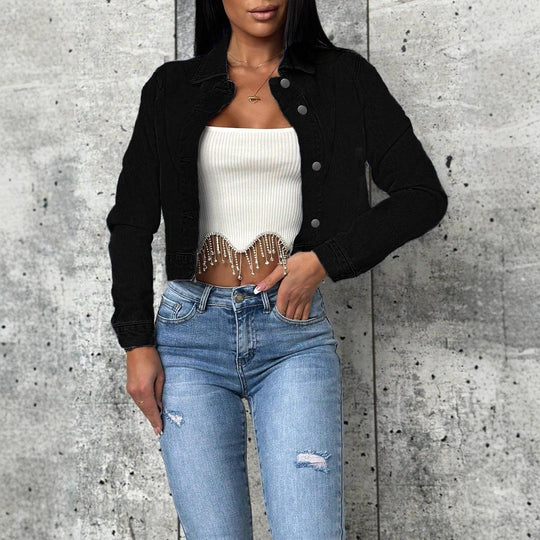 Damen Kurz geschnittene taillierte Jeansjacke mit durchgehender Knopfleiste und Hemdkragen Shop Nory