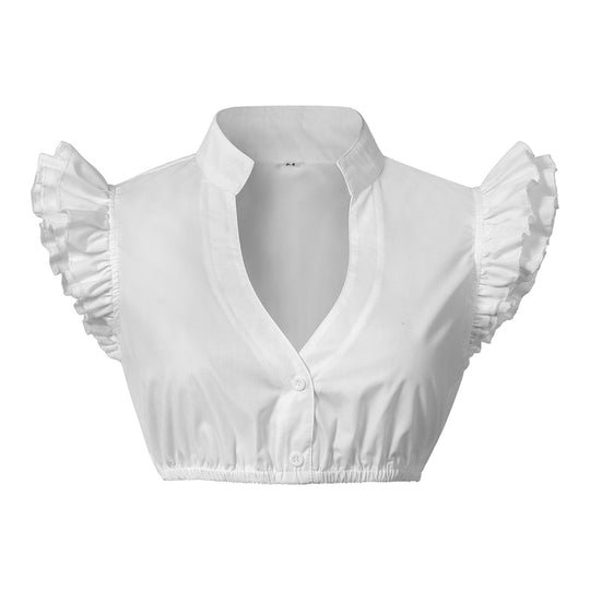Damen nan kurz geschnittene Bluse mit Stehkragen V‑Ausschnitt und Volantärmeln Shop Nory