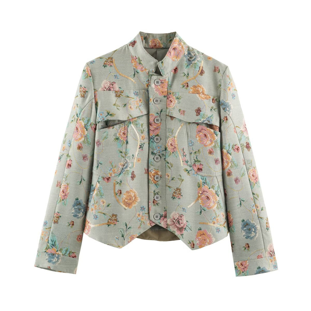 Damen Bestickte Jacquard-Kurzjacke mit Mandarin-Kragen und aufgesetzten Klappentaschen Shop Nory
