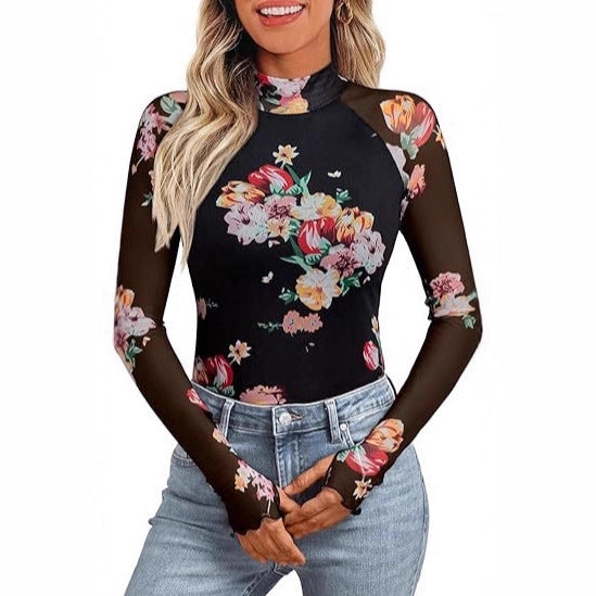 Damen Transparentes Mesh-Longsleeve mit Blumenprint und Stehkragen Shop Nory
