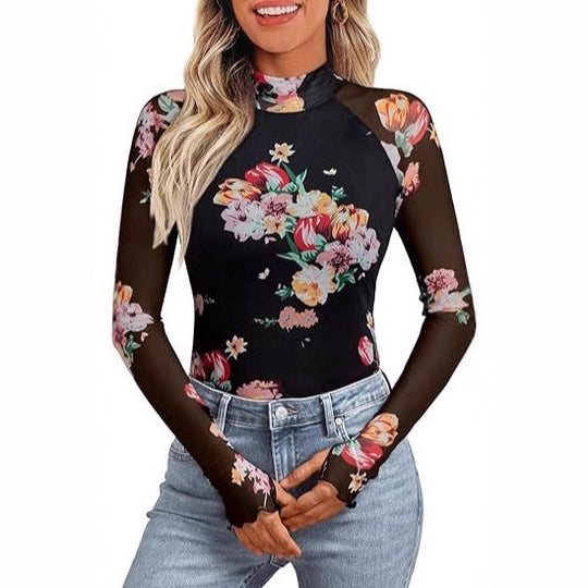 Damen Transparentes Mesh-Longsleeve mit Blumenprint und Stehkragen Shop Nory