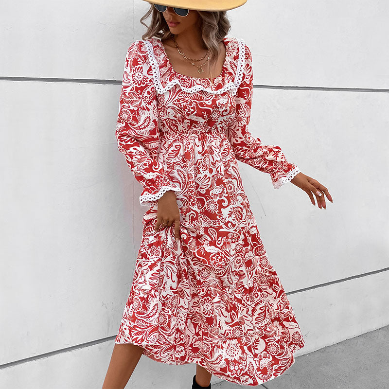 Damen Midikleid im Paisley-Print mit Spitzenvolant, quadratischem Ausschnitt und elastischer Taillennaht Shop Nory