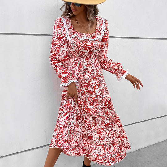 Damen Midikleid im Paisley-Print mit Spitzenvolant, quadratischem Ausschnitt und elastischer Taillennaht Shop Nory