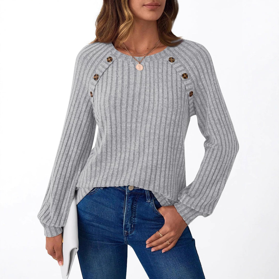 Damen Gerippter Strickpullover mit Zierknopfleiste an Raglanärmeln Shop Nory