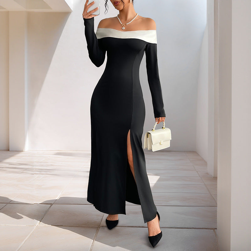 Damen Schulterfreies Maxikleid mit langen Ärmeln, hohen Seitenschlitzen und Umschlagkragen Shop Nory