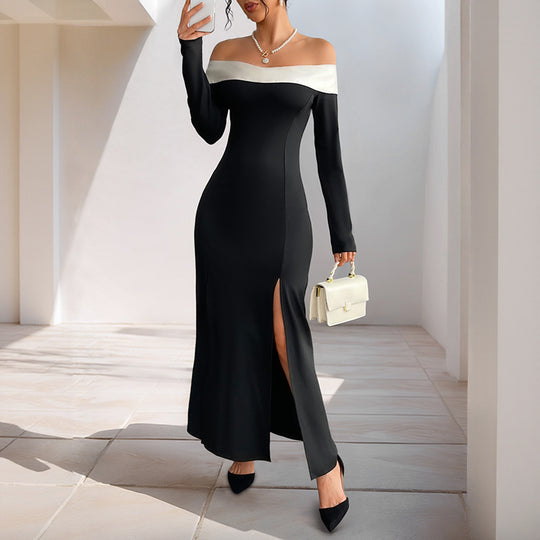 Damen Schulterfreies Maxikleid mit langen Ärmeln, hohen Seitenschlitzen und Umschlagkragen Shop Nory