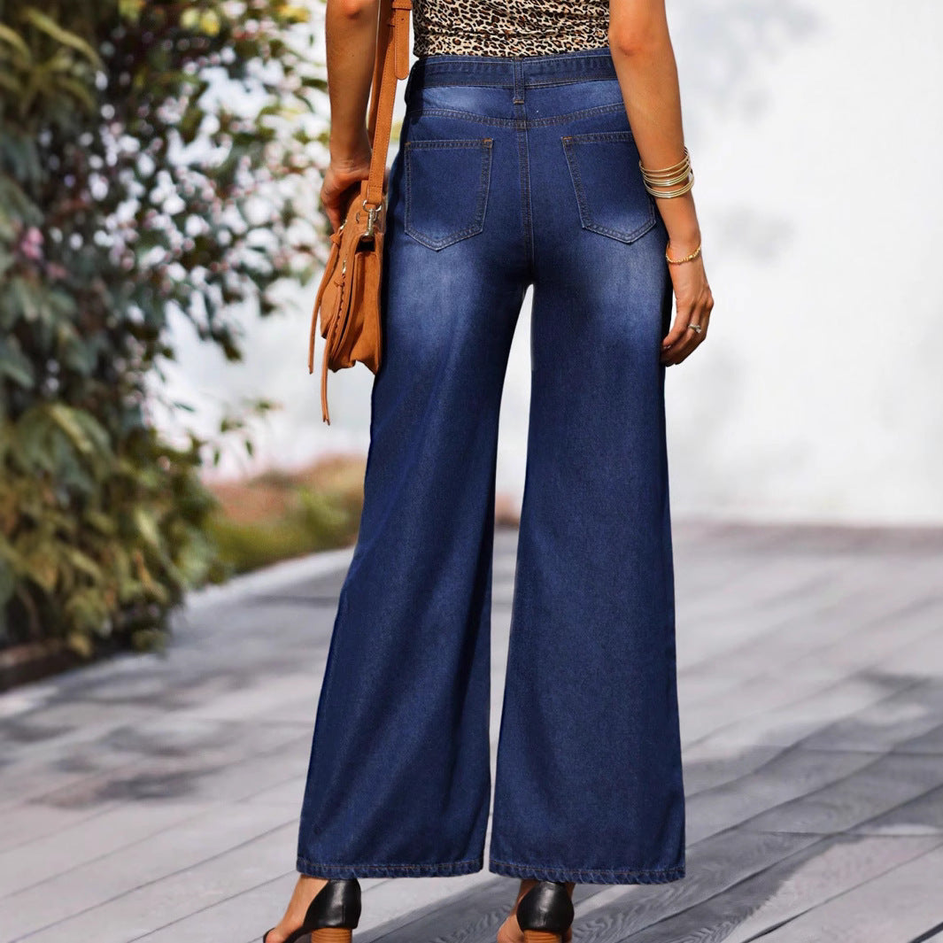 Damen Hochtaillierte weite Jeanshose mit Schleifenbund und aufgesetzten Taschen Shop Nory
