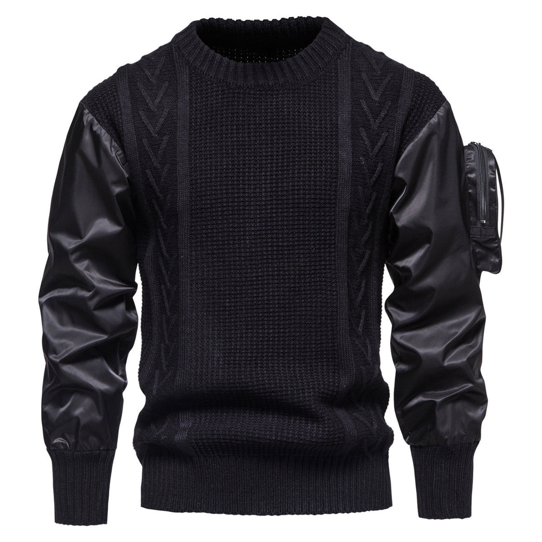 Herren Grobstrickpullover mit modernen Kunstlederärmeln Shopnory