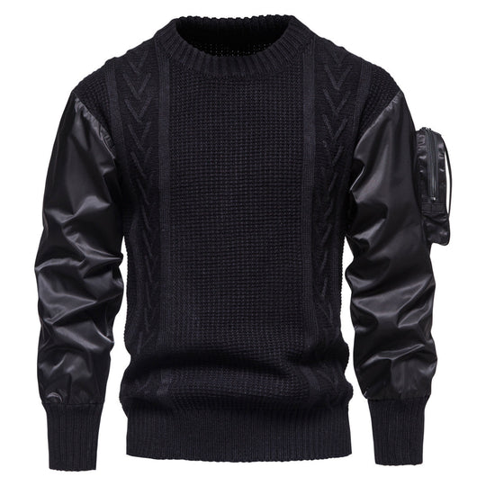 Herren Grobstrickpullover mit modernen Kunstlederärmeln Shopnory