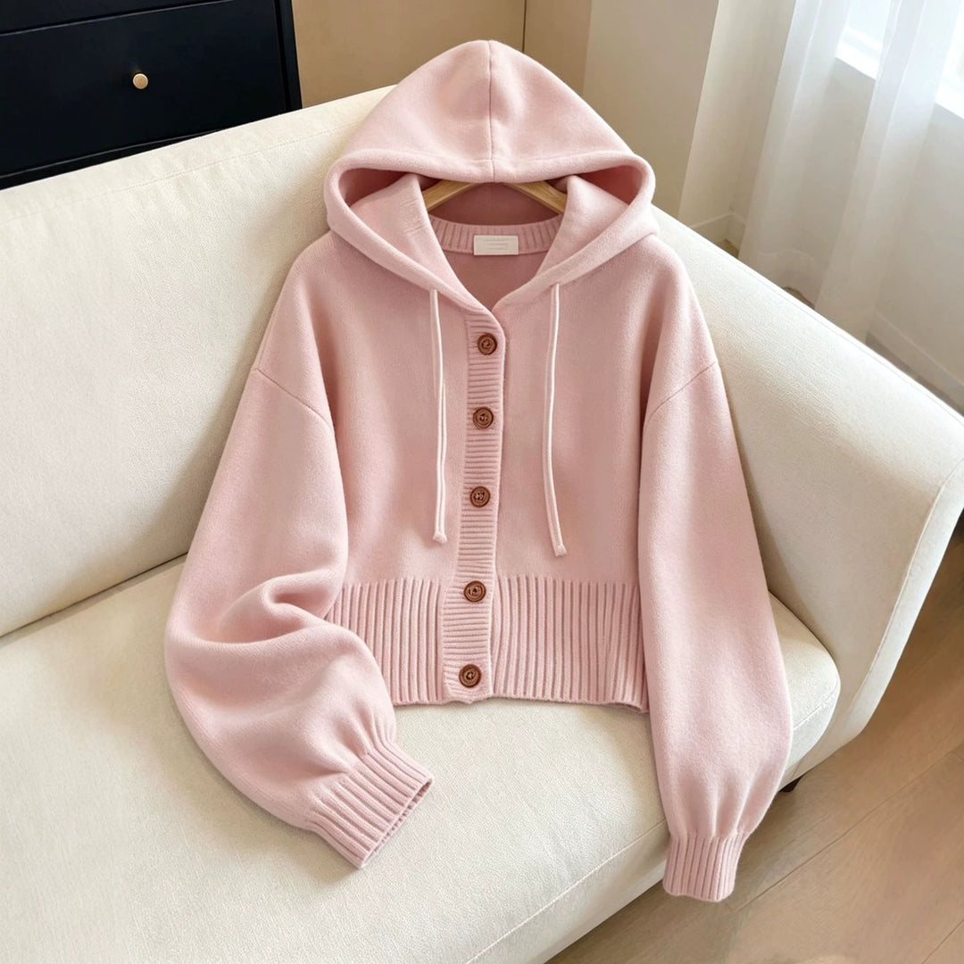 Damen Kapuzen-Strickcardigan mit Knopfleiste, geripptem Bund und Oversize-Ärmeln Shop Nory