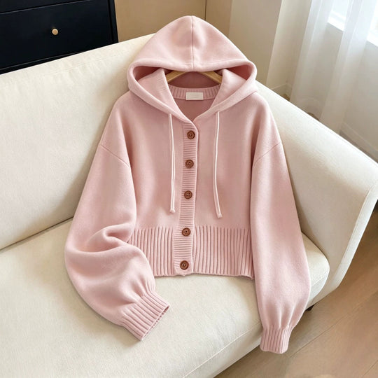 Damen Kapuzen-Strickcardigan mit Knopfleiste, geripptem Bund und Oversize-Ärmeln Shop Nory