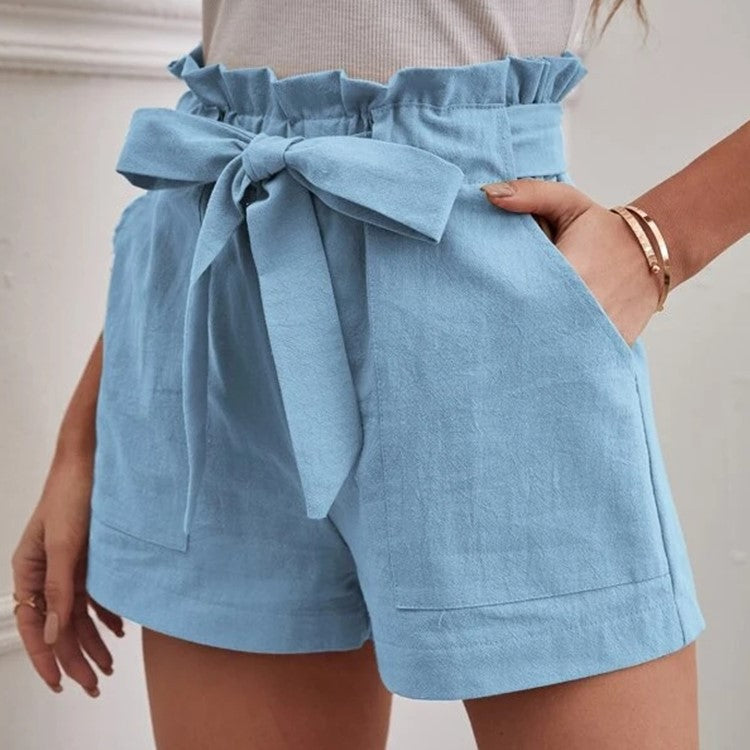 Damen kurze Lockere Leinenhose mit Bindegürtel